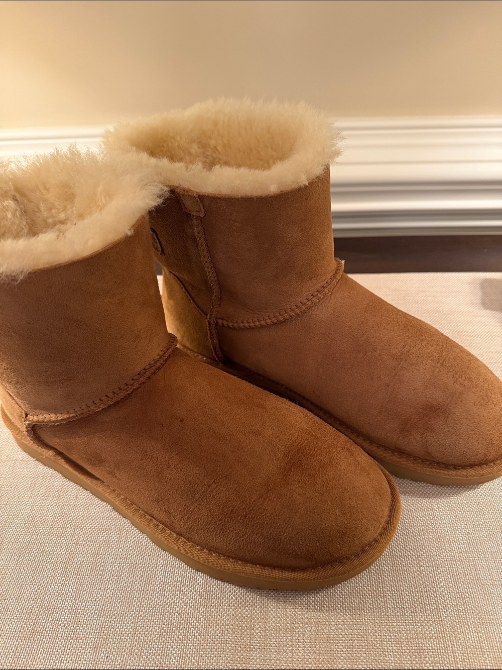 UGG Chestnut Suede Short Boots with Brown Satin Bows - Picture 5 of 7